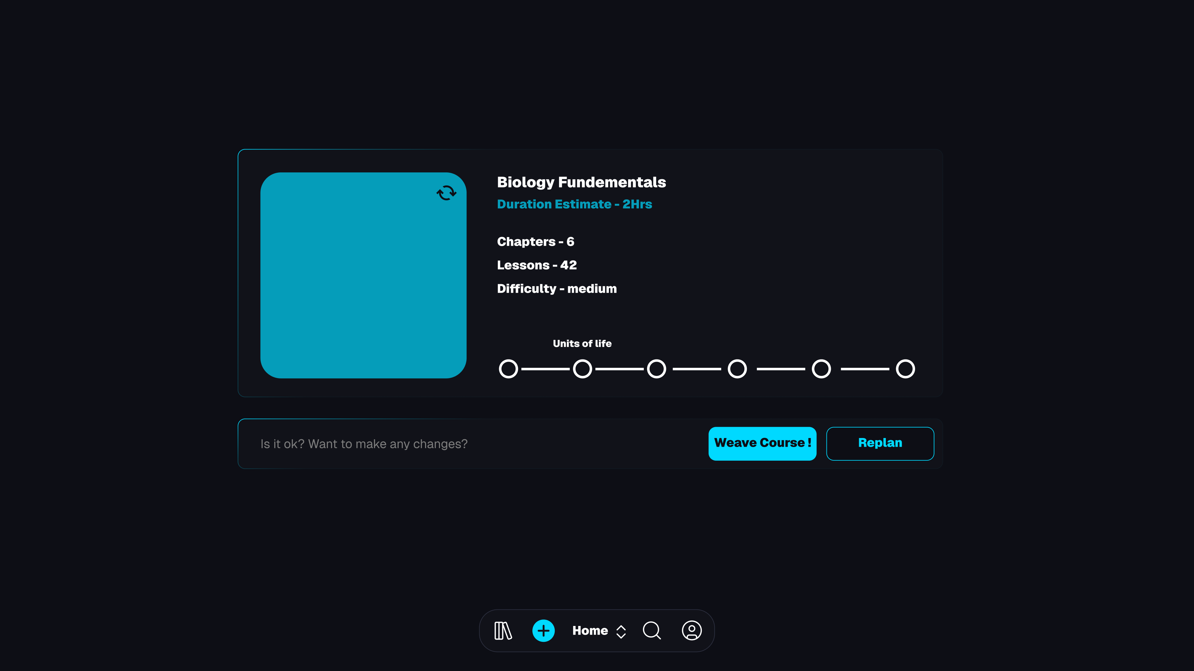 Course overview page showing Biology Fundamentals with progress tracking and course details