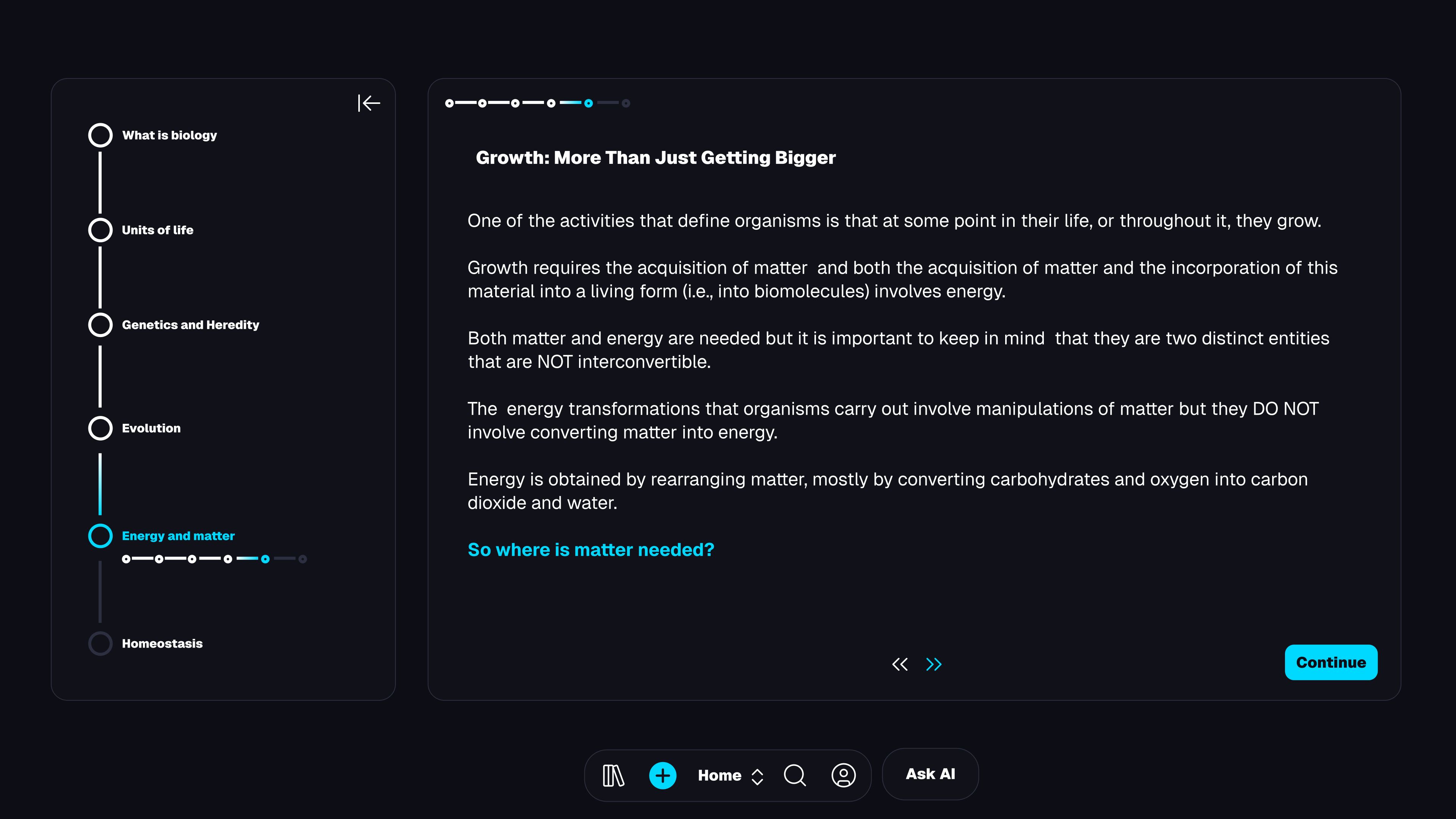 Interactive lesson page showing Growth biology content with sidebar navigation and progress tracking