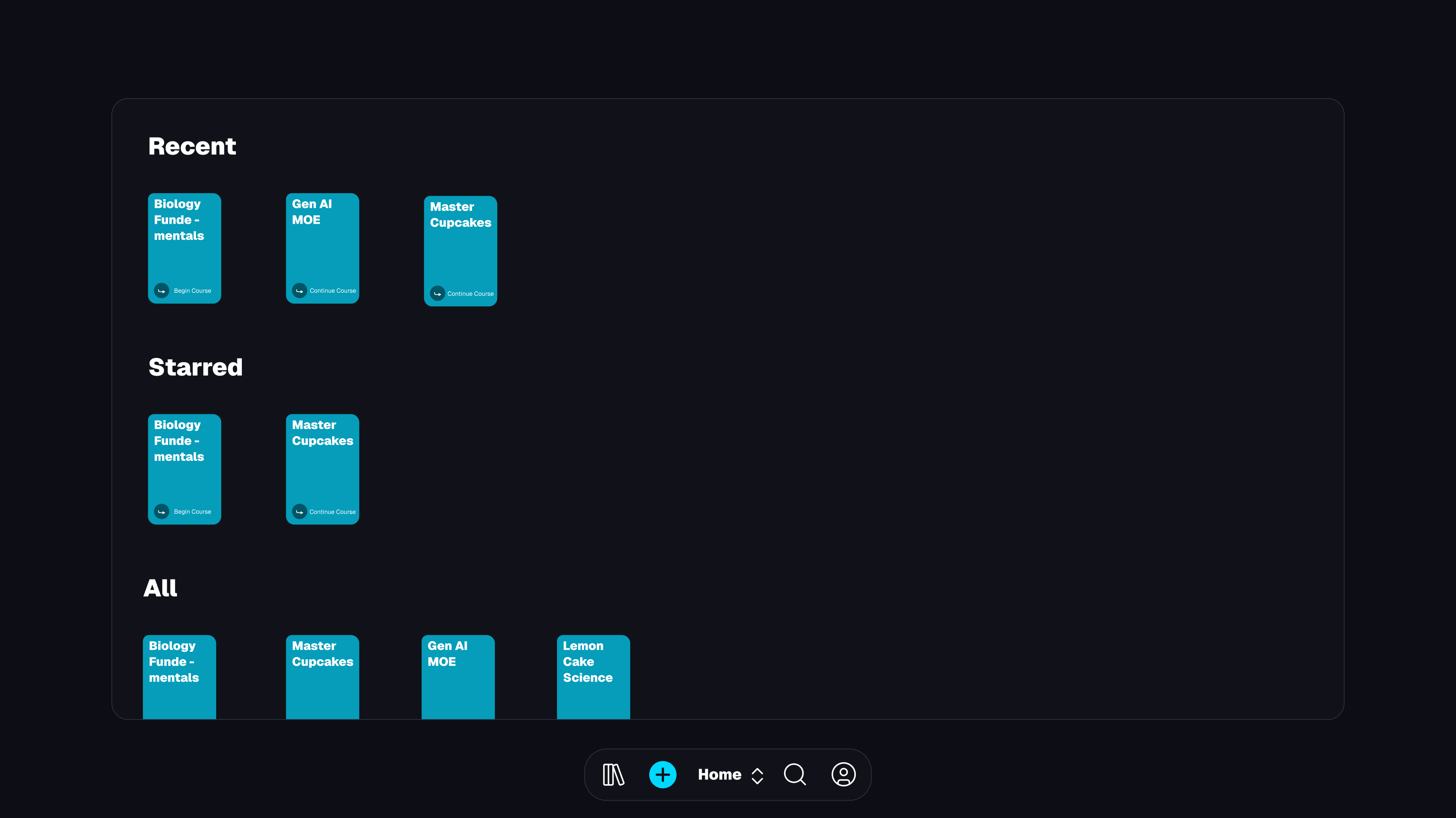 Course library interface showing Recent, Starred, and All courses organized in an intuitive layout